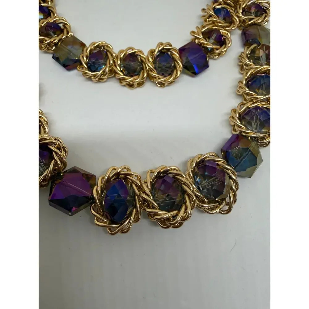 Purple Iridescent Statement Necklace Gold Tone Double Strand Faceted Glass Beads